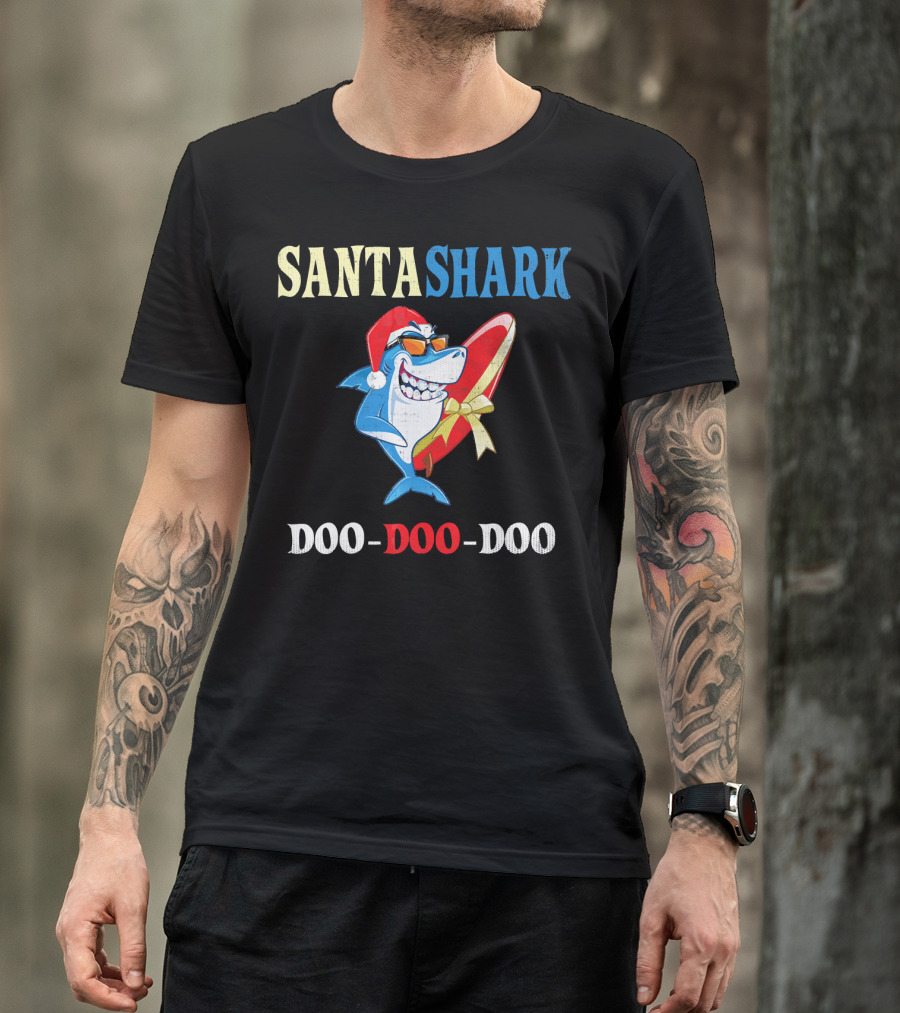 Santa Shark Doo-Doo-Doo Surfboard Christmas T-Shirt