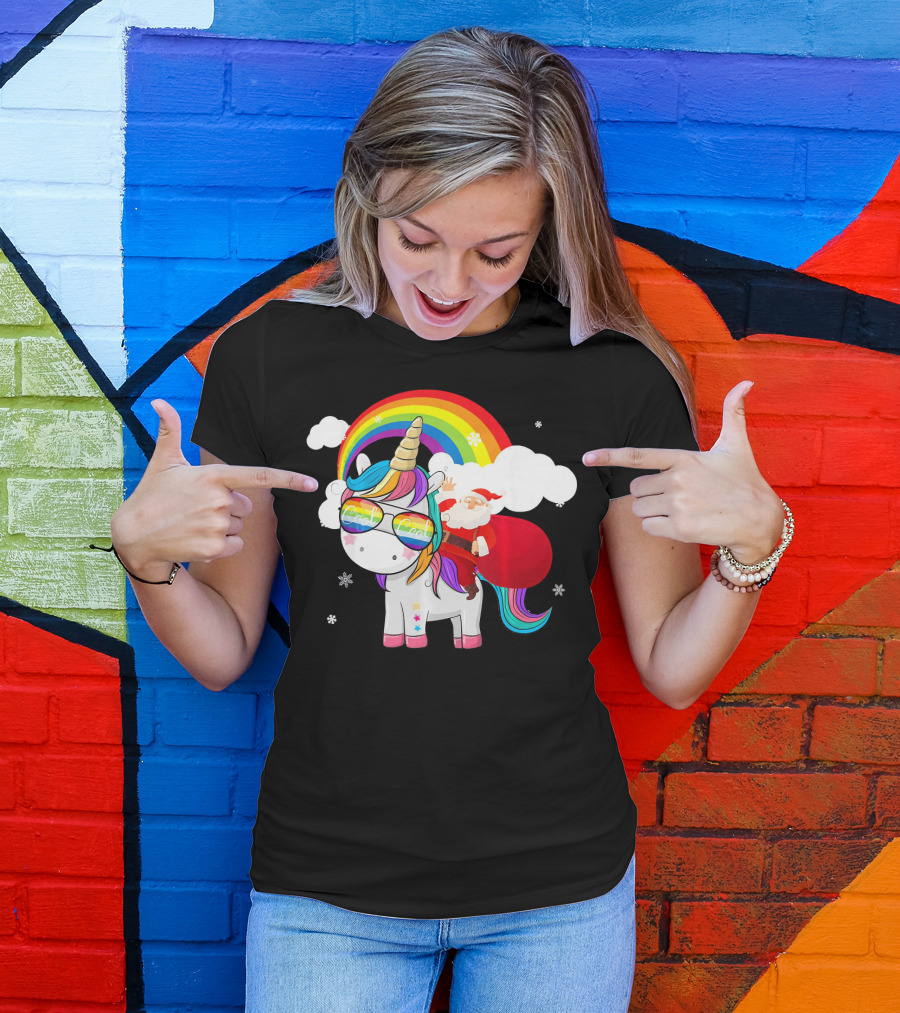 Cool Santa Riding Unicorn Rainbow Christmas Cos T-Shirt