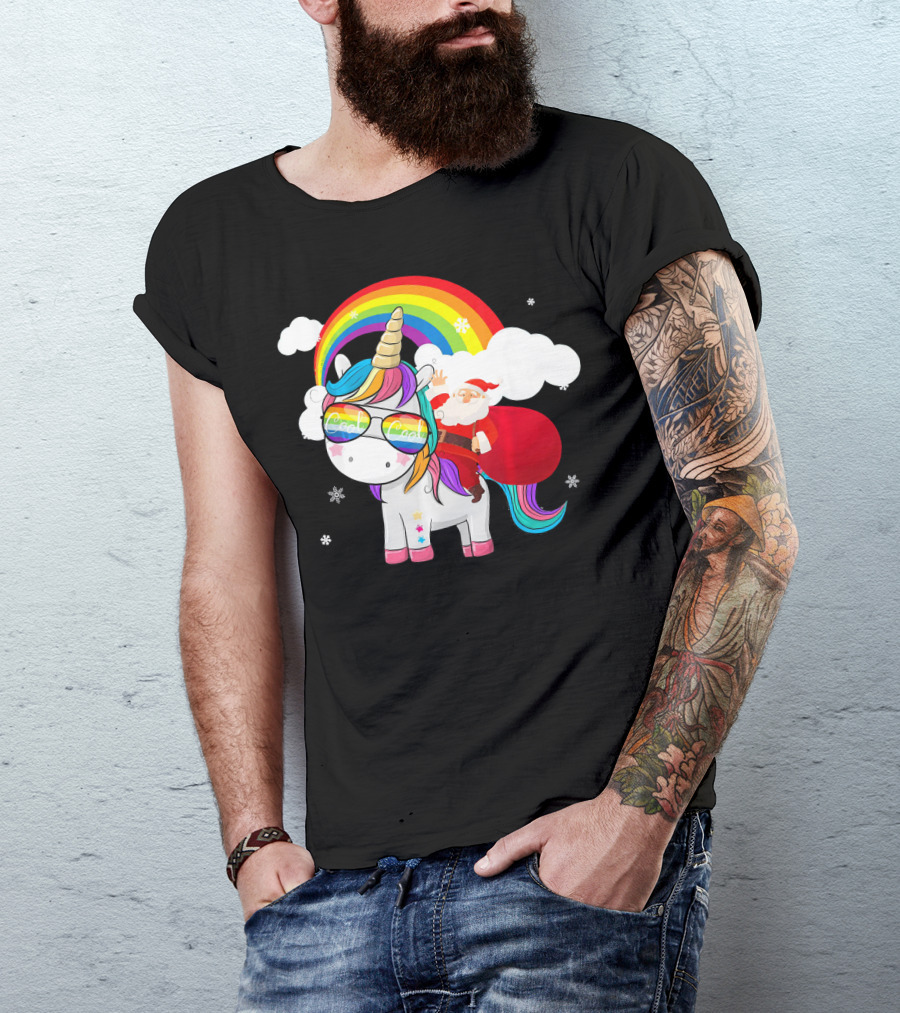 Cool Santa Riding Unicorn Rainbow Christmas Cos T-Shirt