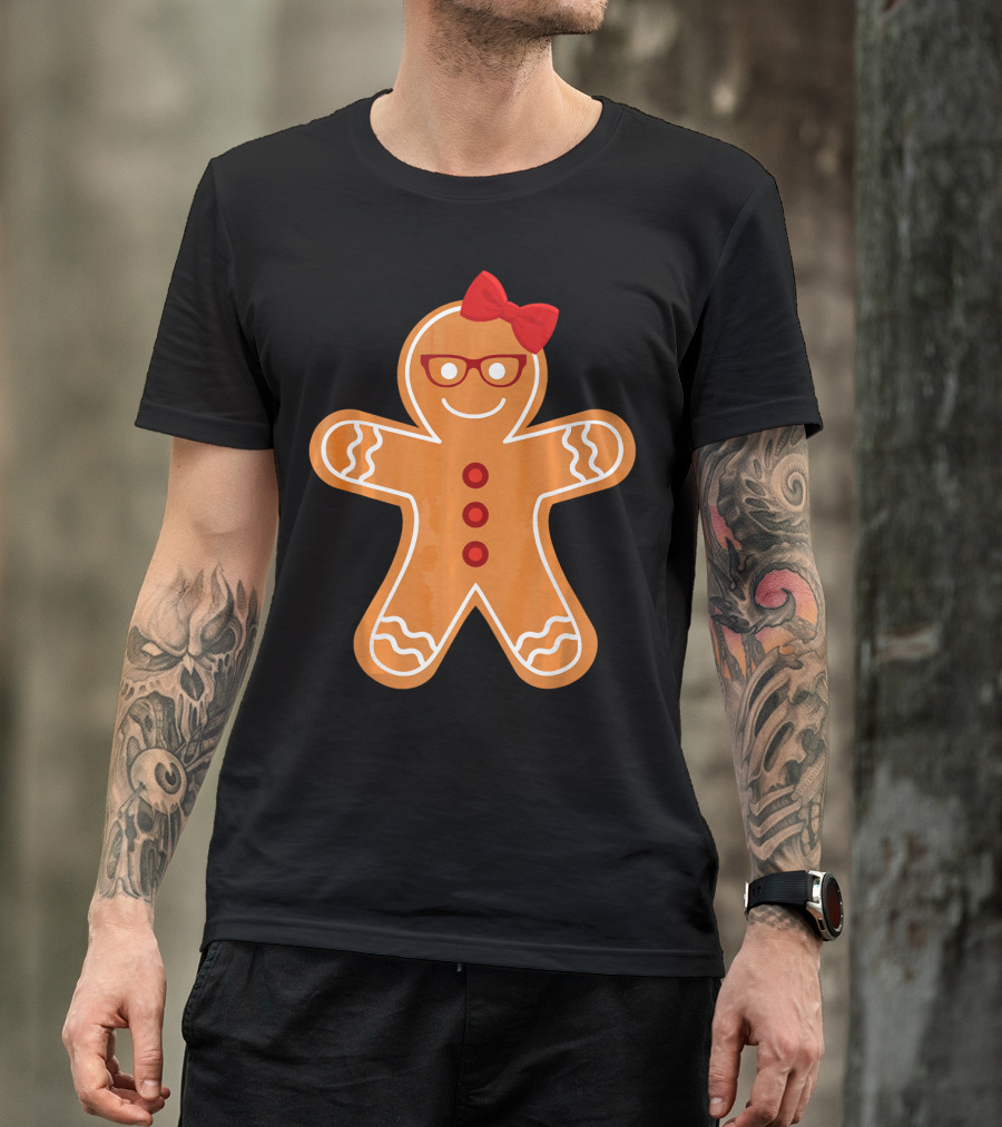 Gingerbread Girl Cookie With Glasses And Red Bow Christmas T-Shirt