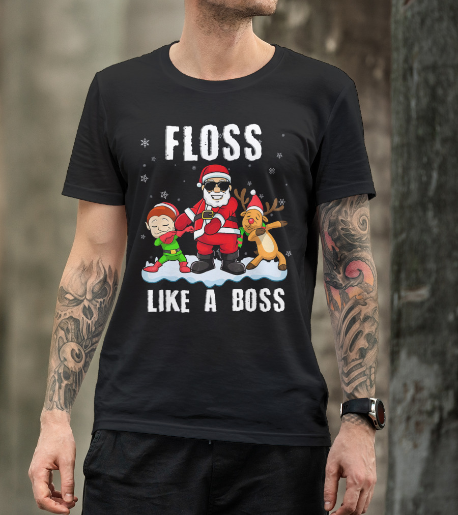 Floss Like A Boss Santa With Elf And Reindeer Dance Funny Christmas T-Shirt