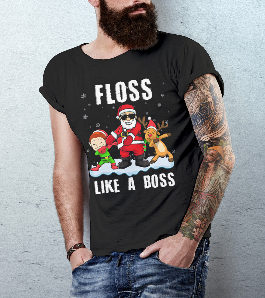 Floss Like A Boss Santa With Elf And Reindeer Dance Funny Christmas T-Shirt