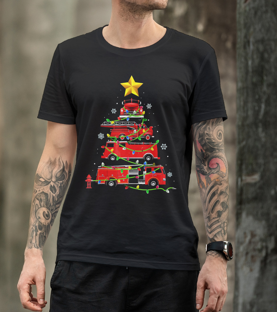 Firefighter Truck Holiday Lights Christmas Tree T-Shirt