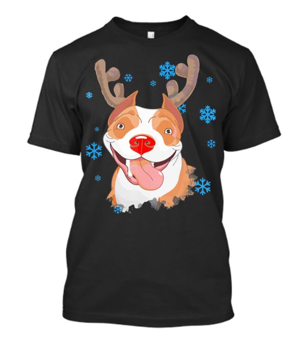 Funny Cutie Pit Bull Reindeer Antlers Snowflakes T-Shirt