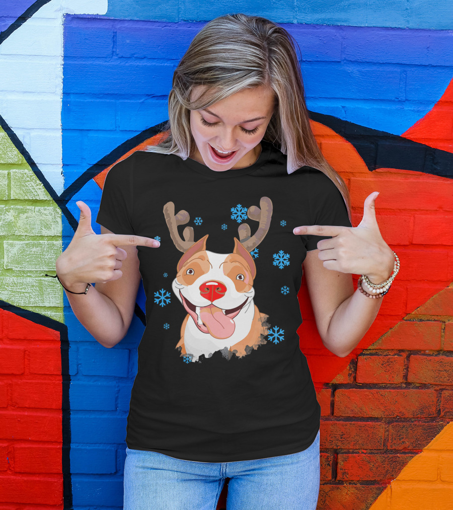 Funny Cutie Pit Bull Reindeer Antlers Snowflakes T-Shirt