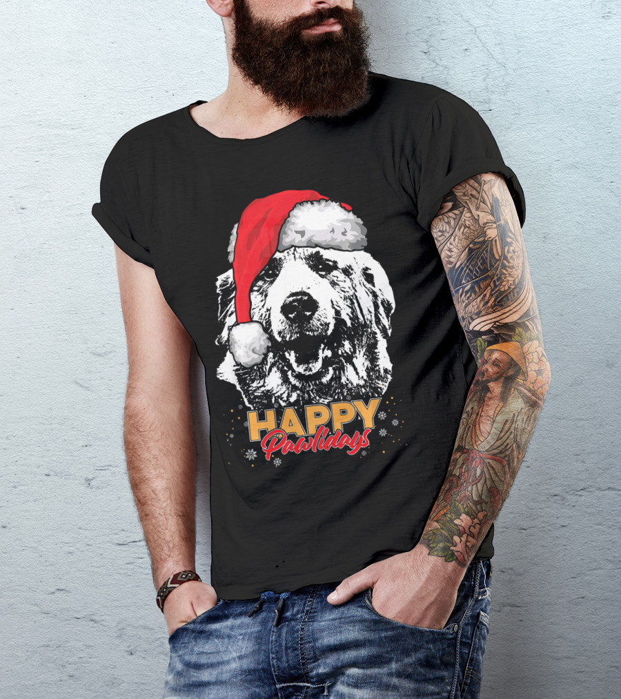 Happy Pawlidays Funny Christmas Great Pyrenees Santa Hat T-Shirt
