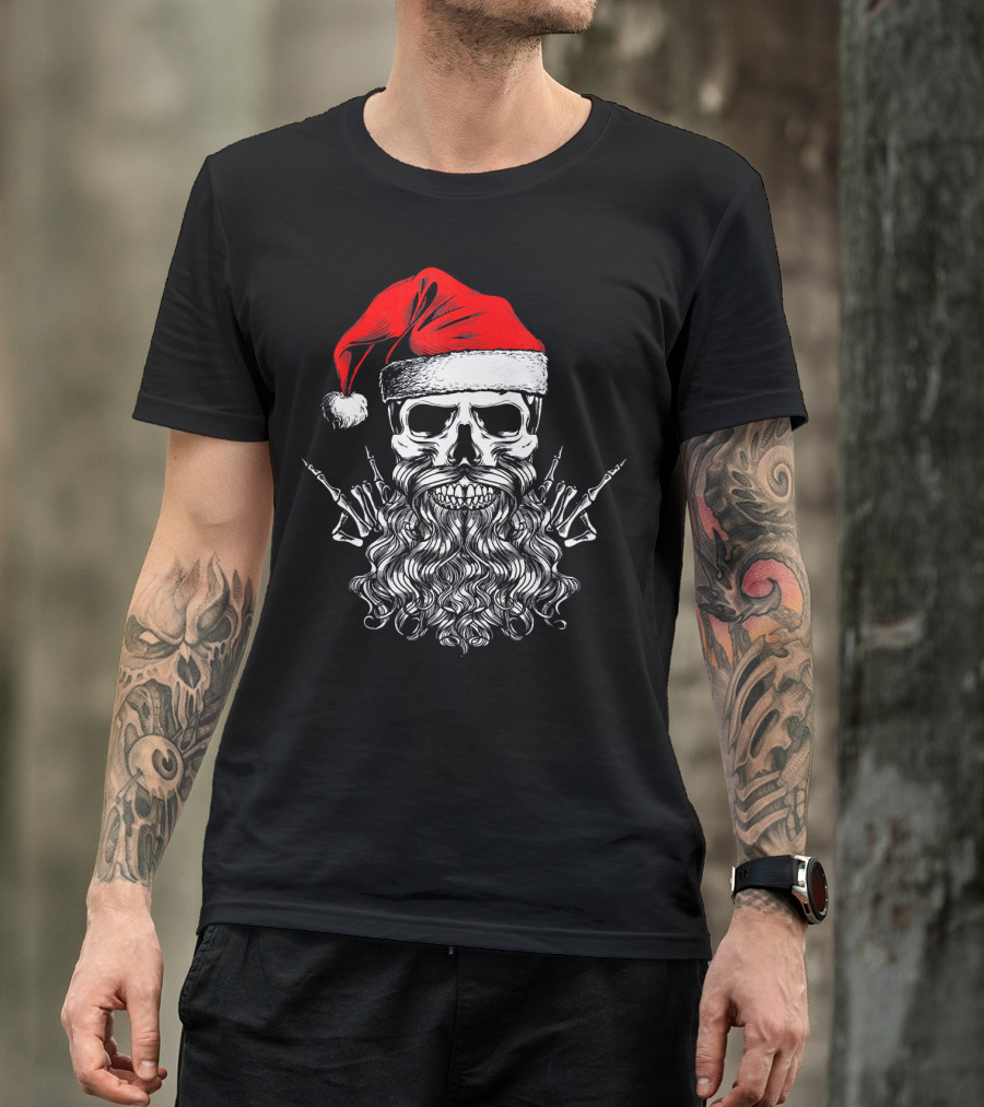 Hail Santa Heavy Metal Skull Red Santa Hat Skeleton Beard T-Shirt