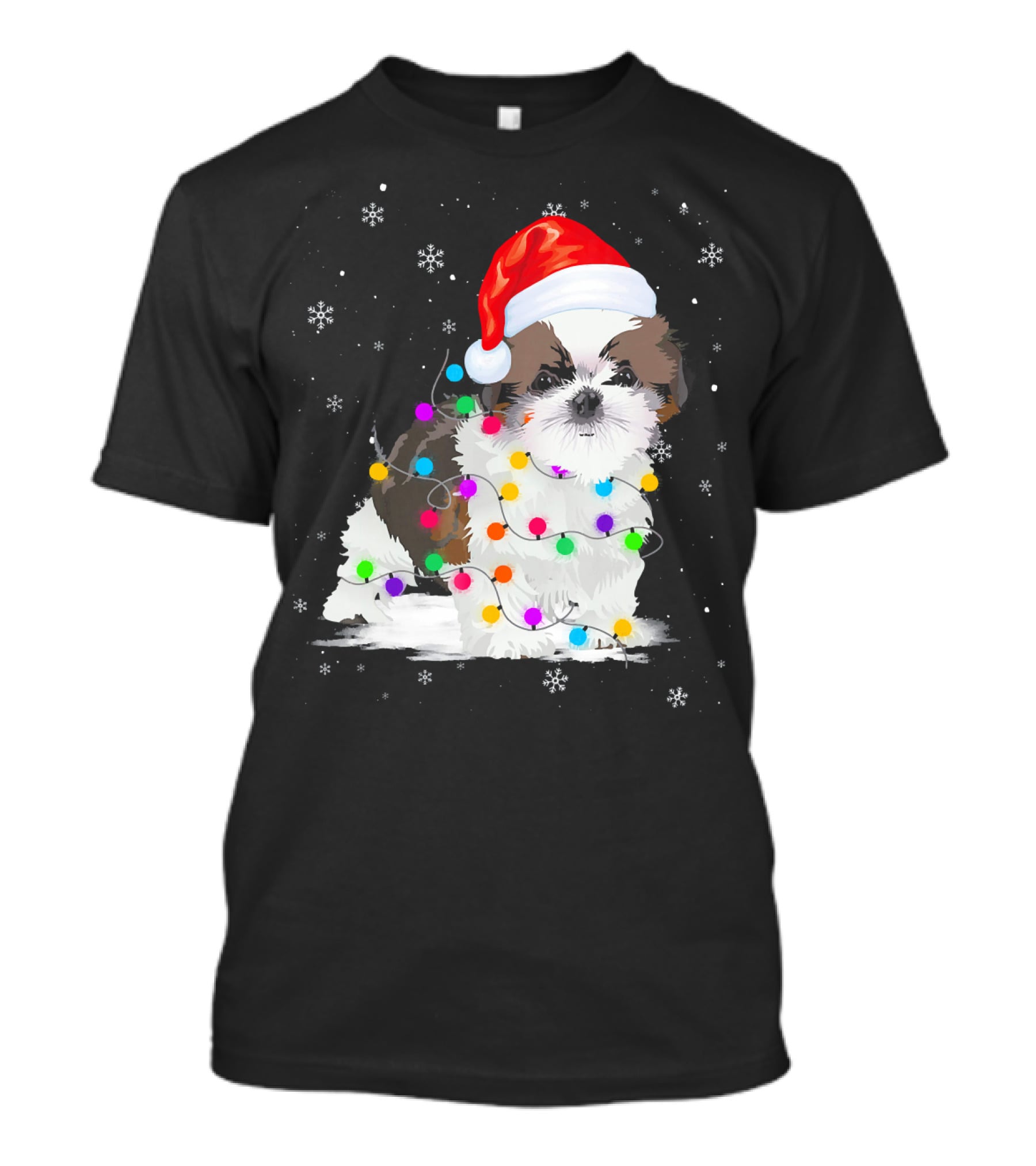 Shih Tzu Santa Hat Christmas Lights Snowflakes T-Shirt
