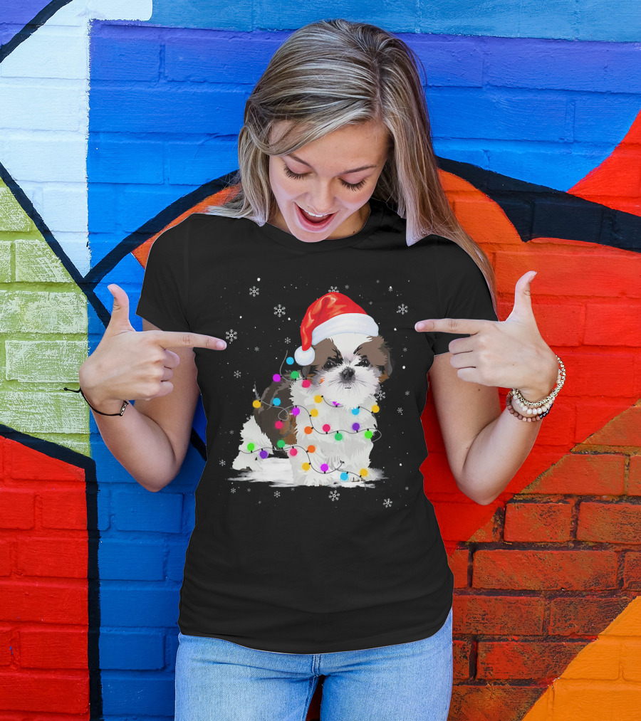Shih Tzu Santa Hat Christmas Lights Snowflakes T-Shirt