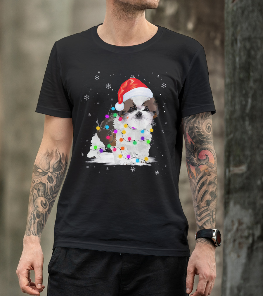 Shih Tzu Santa Hat Christmas Lights Snowflakes T-Shirt