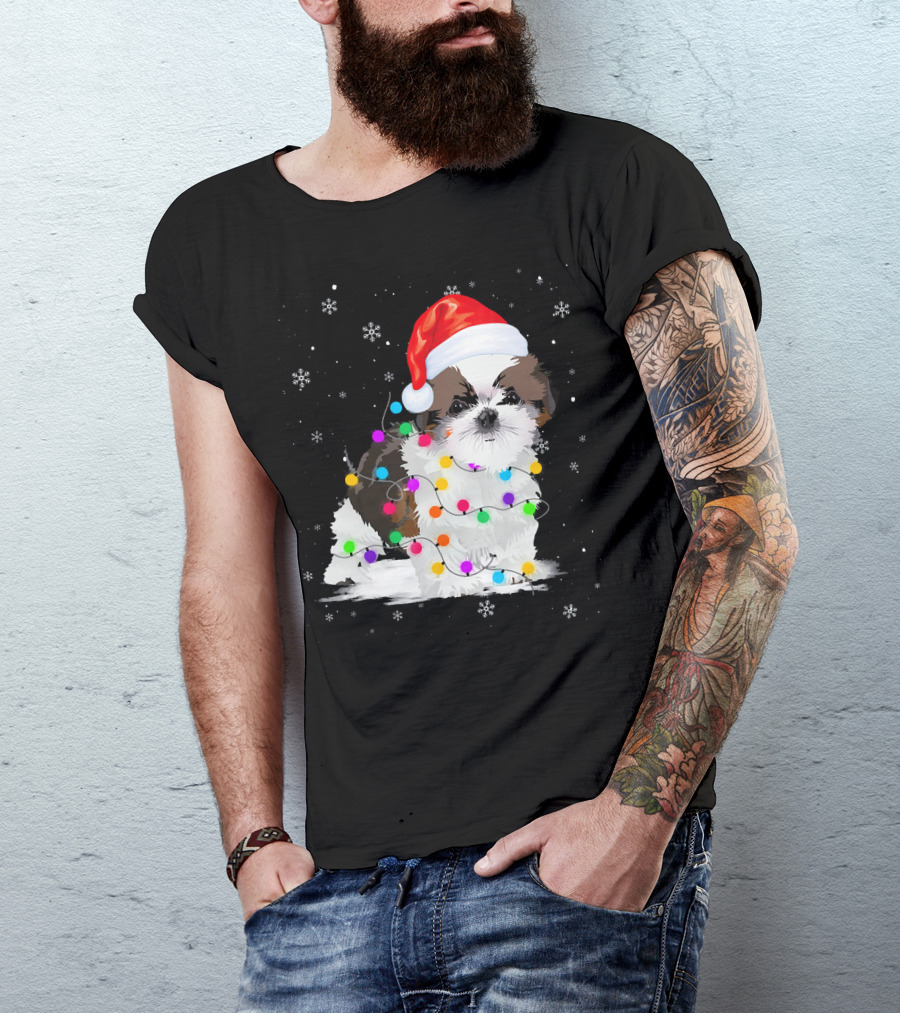 Shih Tzu Santa Hat Christmas Lights Snowflakes T-Shirt