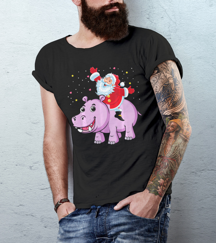 Santa Claus Riding A Happy Hippo Merry Christmas Stars T-Shirt