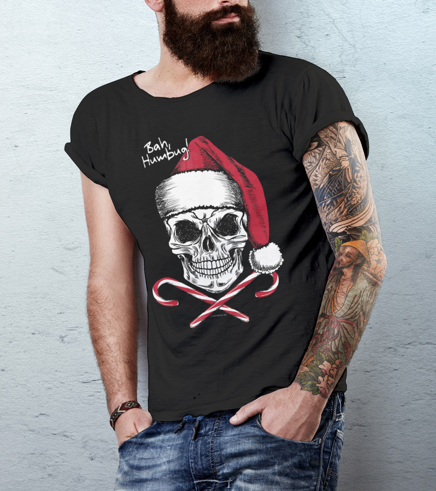 Bah Humbug Skull With Santa Hat And Candy Canes Christmas Funny Santa T-Shirt