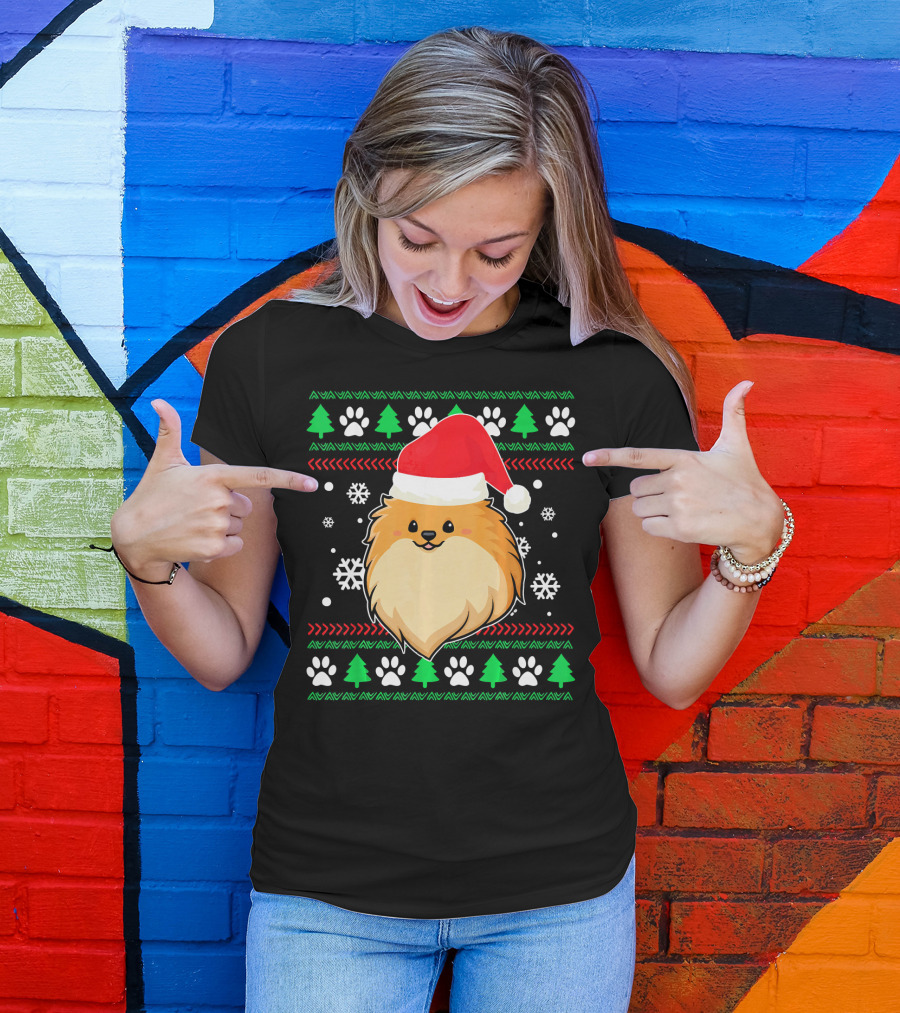 Pomeranian Santa Hat Ugly Christmas Sweater Snowflakes Trees Paws T-Shirt