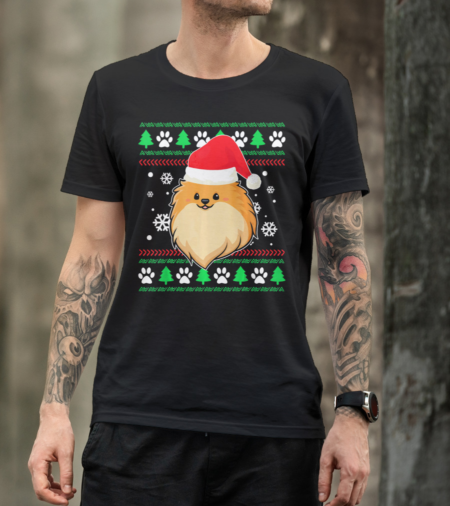 Pomeranian Santa Hat Ugly Christmas Sweater Snowflakes Trees Paws T-Shirt