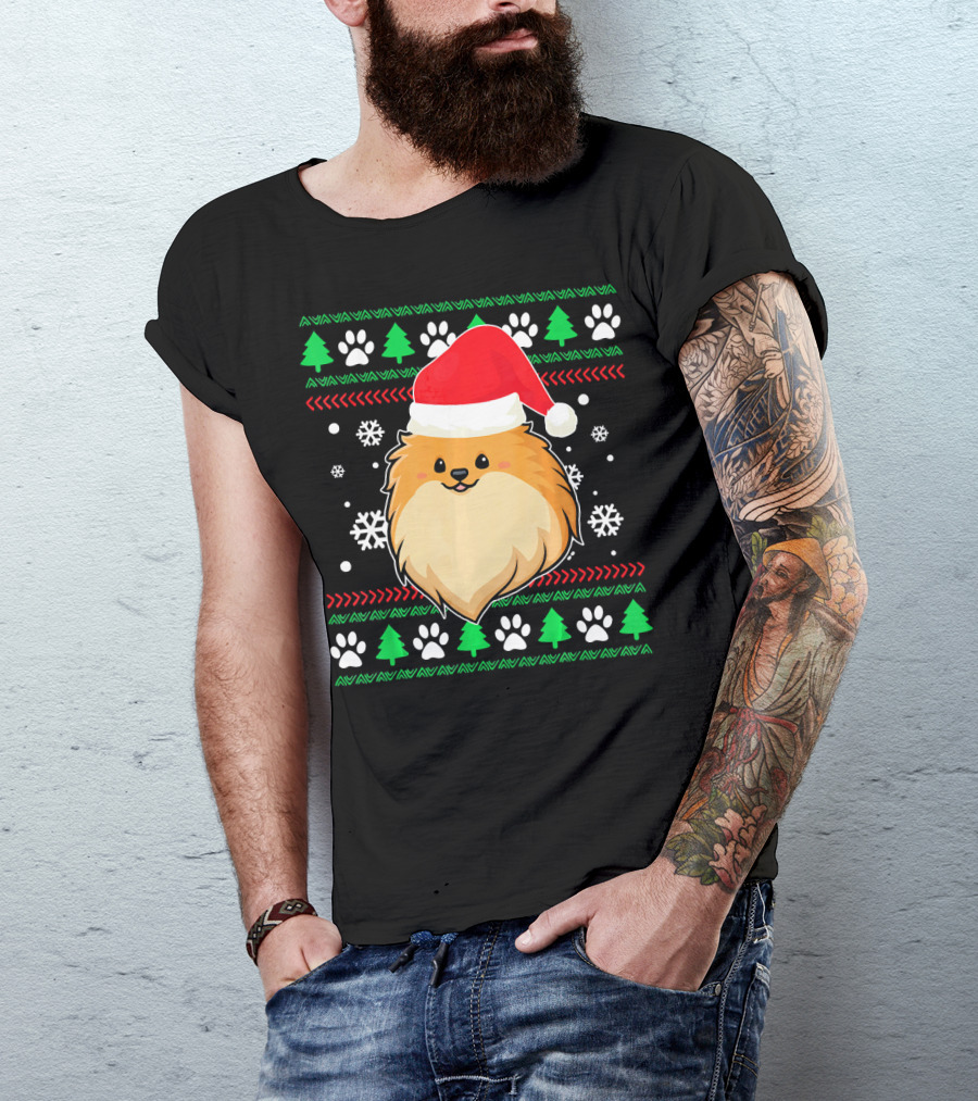 Pomeranian Santa Hat Ugly Christmas Sweater Snowflakes Trees Paws T-Shirt