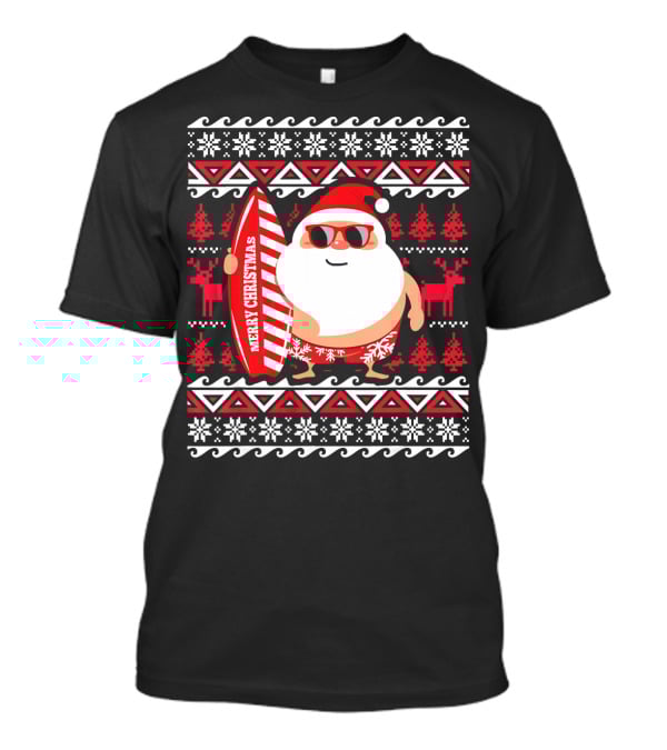 Surfing Santa Claus Merry Christmas Hawaii Red Reindeer Snowflakes T-Shirt