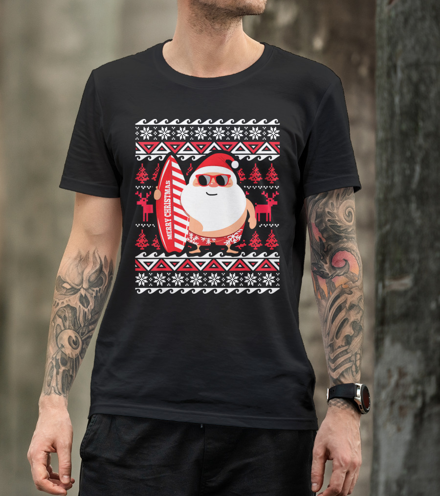 Surfing Santa Claus Merry Christmas Hawaii Red Reindeer Snowflakes T-Shirt
