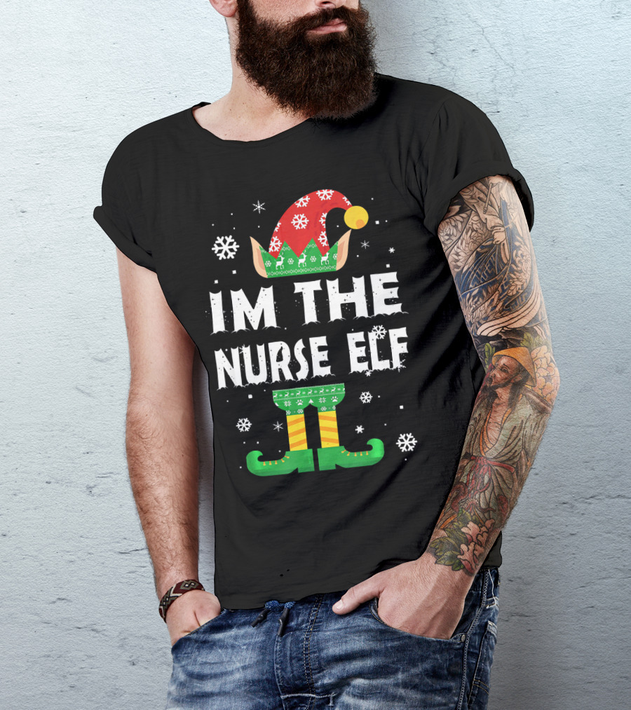 Im The Nurse Elf Matching Family Group Christmas Holiday Snowflakes T-Shirt
