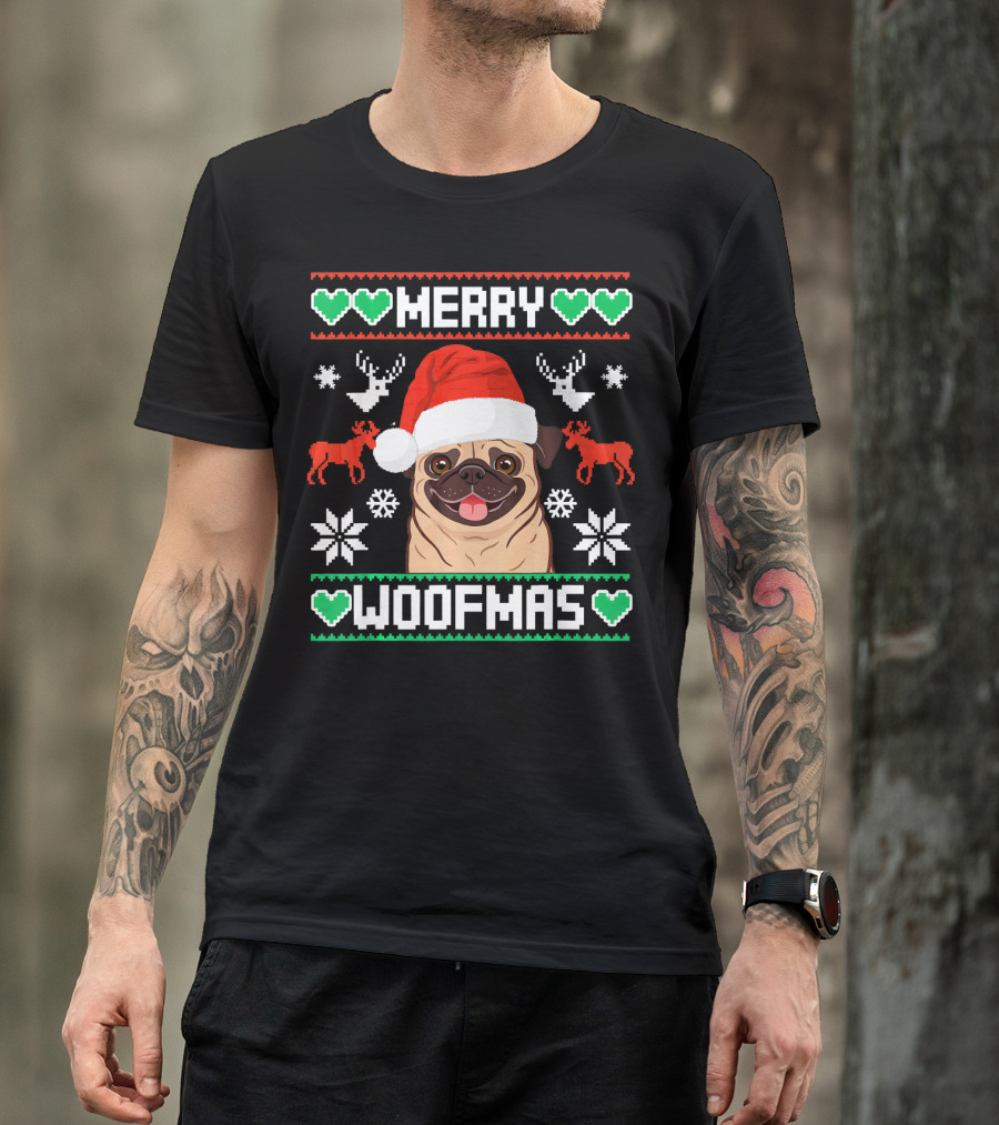 Merry Woofmas Christmas Xmas Santa Claus Dog Reindeer Pug In Santa Hat With Snowflakes And Green Hearts T-Shirt