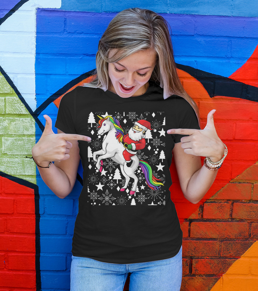 Santa Claus Riding A Unicorn Ugly Christmas Sweater With Stars And Snowflakes T-Shirt