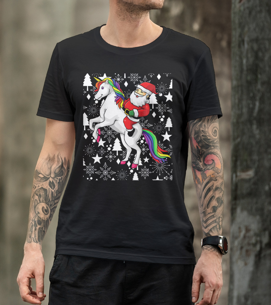 Santa Claus Riding A Unicorn Ugly Christmas Sweater With Stars And Snowflakes T-Shirt