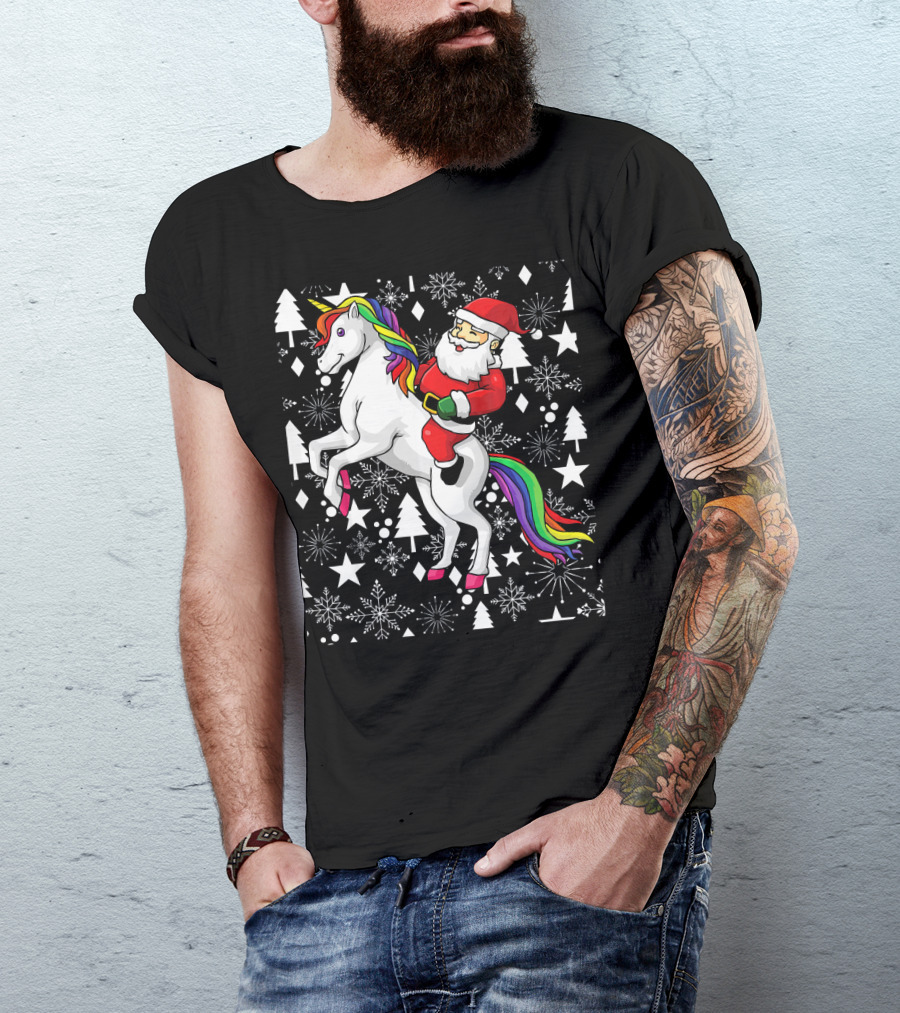 Santa Claus Riding A Unicorn Ugly Christmas Sweater With Stars And Snowflakes T-Shirt
