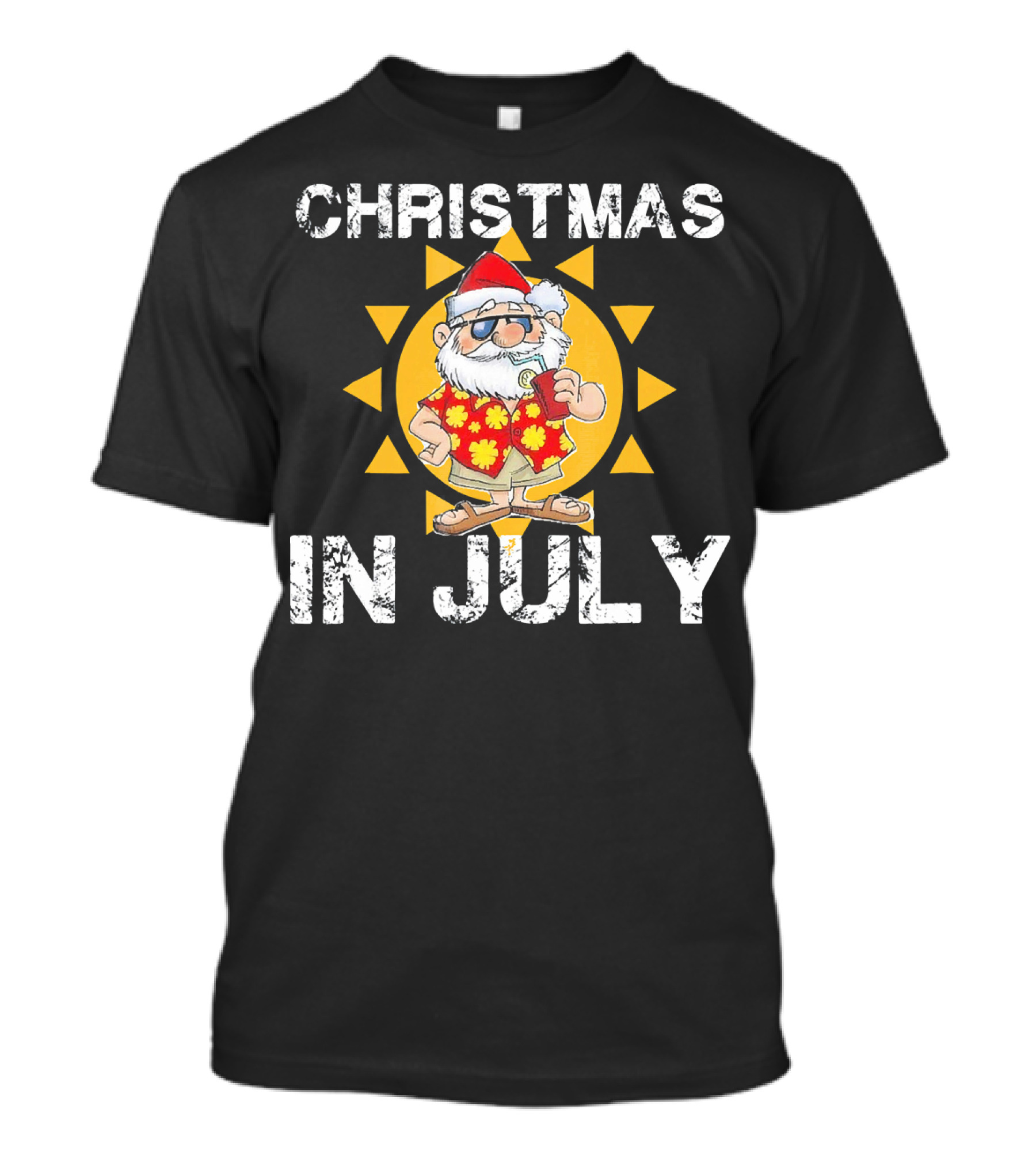 Christmas In July Funny Santa In Hawaiian Shirt With Sunglasses And Drink T-Shirt