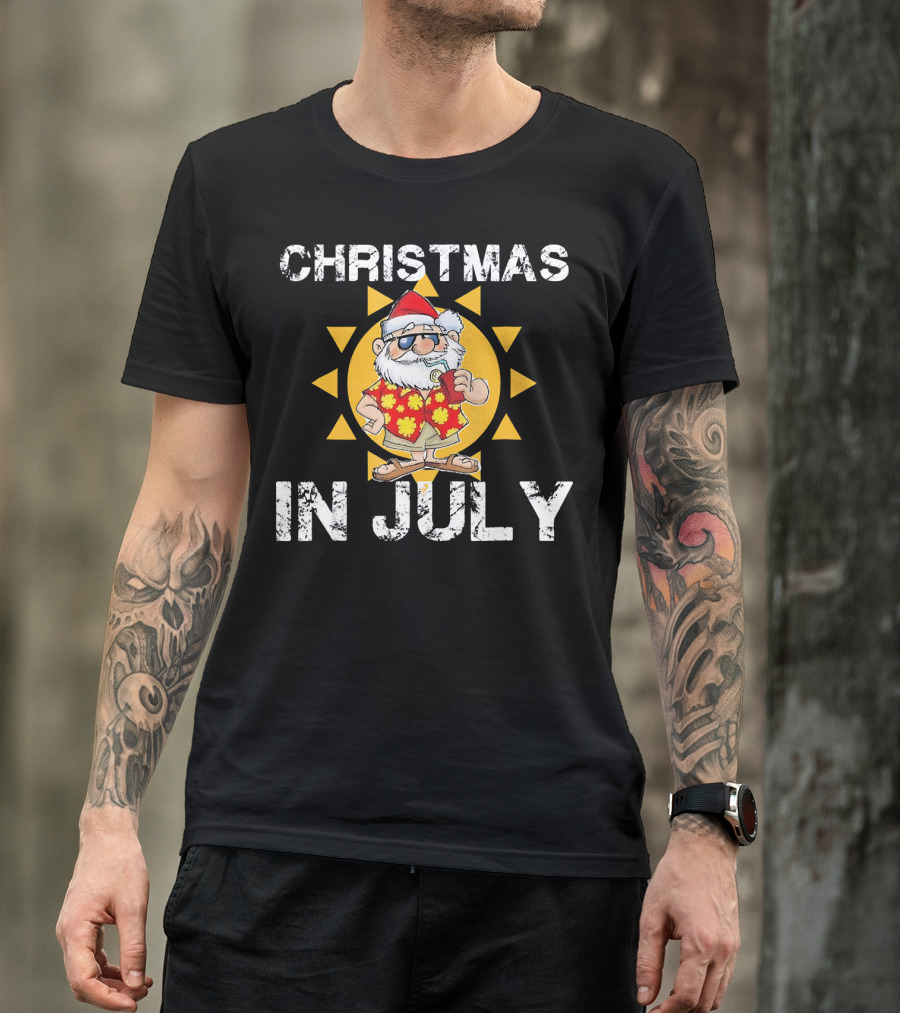 Christmas In July Funny Santa In Hawaiian Shirt With Sunglasses And Drink T-Shirt