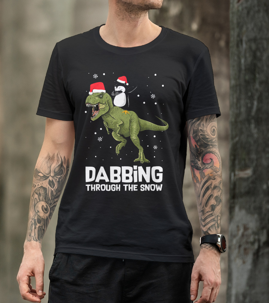 Dabbing Through The Snow Penguin On Dinosaur Christmas T-Shirt