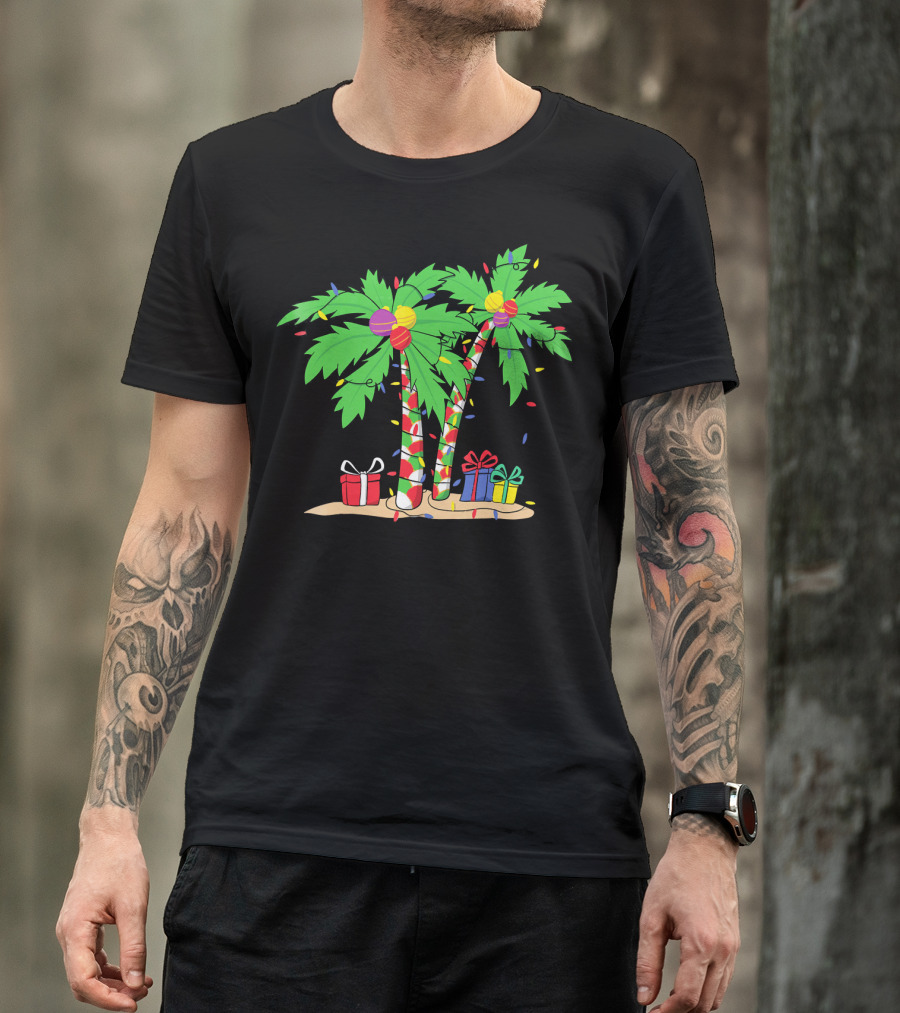 Decorated Christmas Palm Tree With Holiday Lights And Gifts T-Shirt