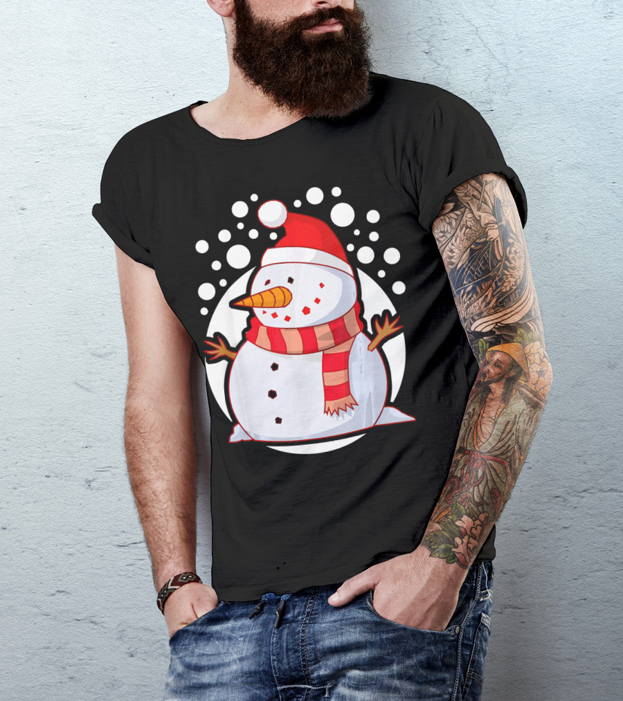 Winter Christmas Santa Snowman In Red Scarf And Hat T-Shirt