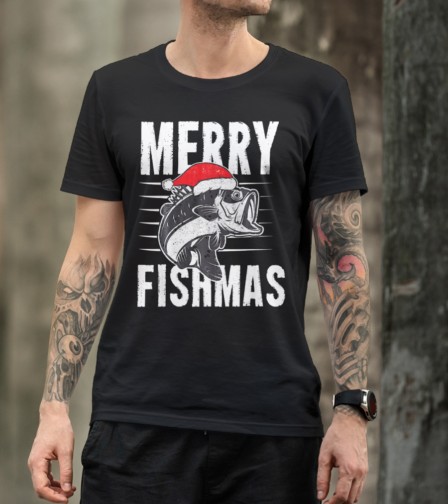 Merry Fishmas Funny Christmas Fishing Santa Hat Fish T-Shirt