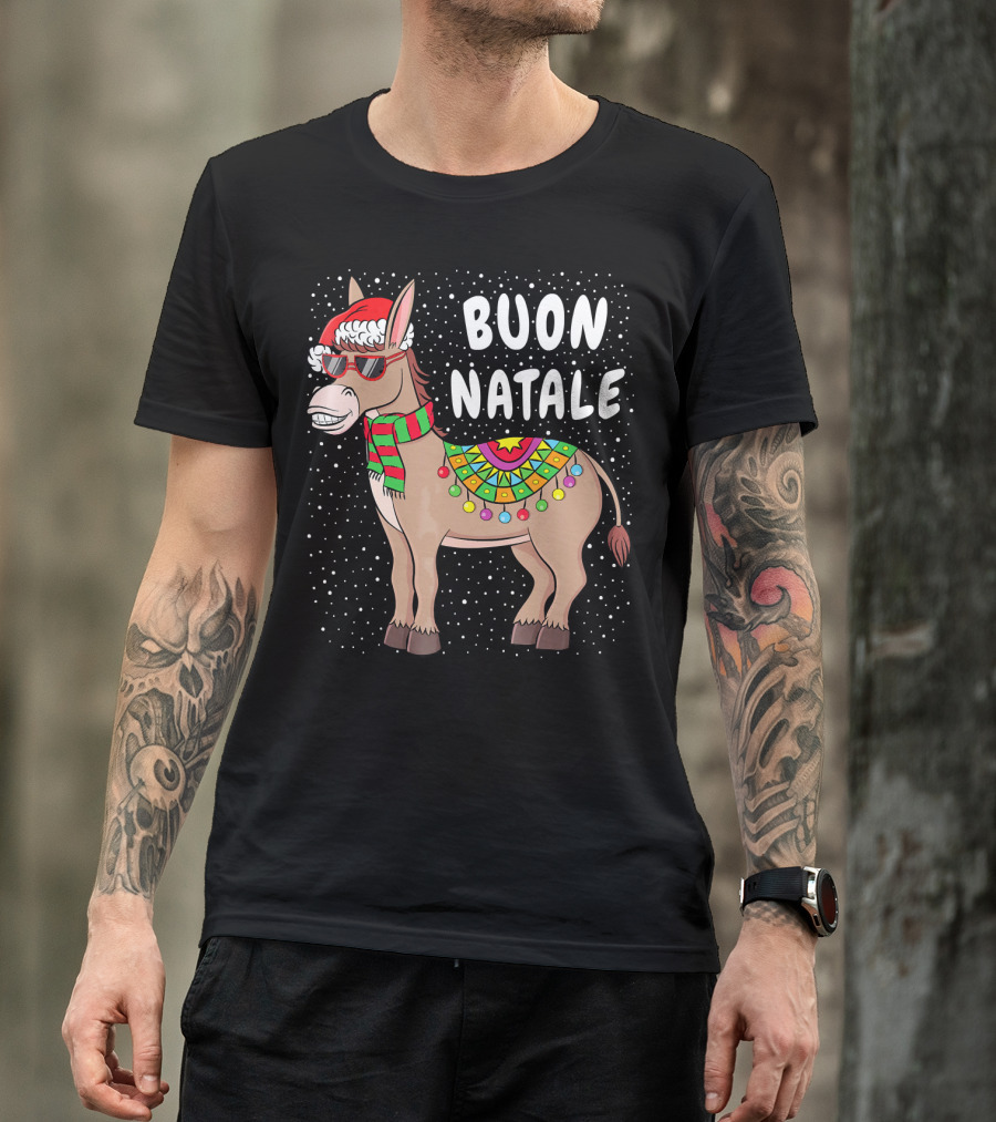 Buon Natale Christmas Donkey With Santa Hat And Colorful Lights T-Shirt
