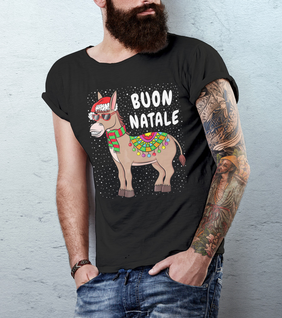 Buon Natale Christmas Donkey With Santa Hat And Colorful Lights T-Shirt