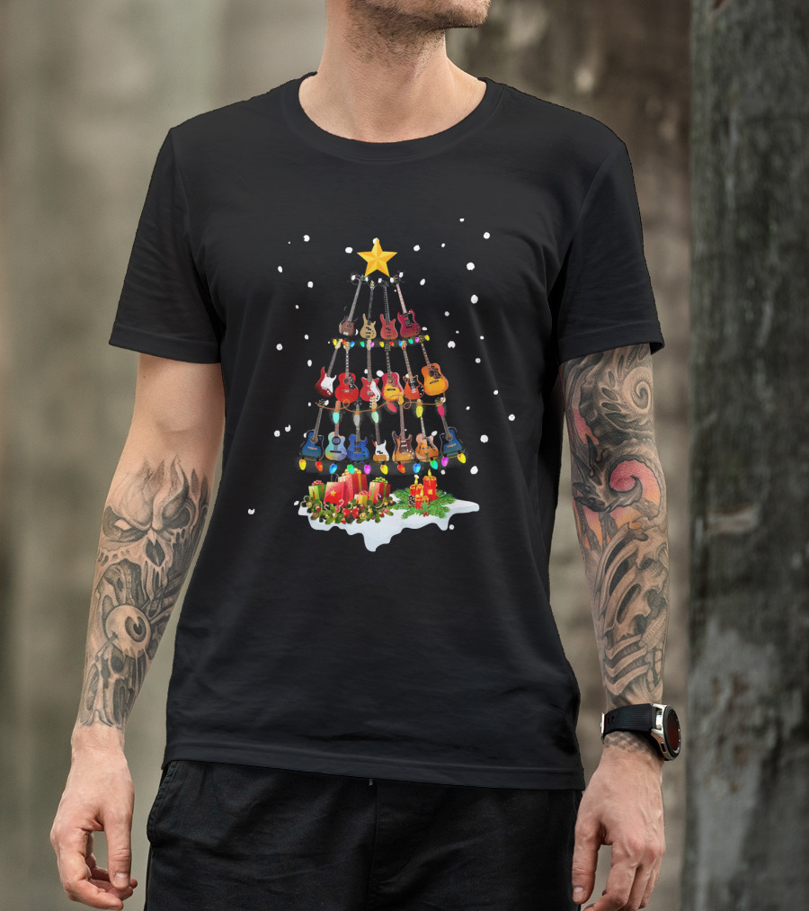 Guitar Christmas Tree Holiday Lights Snowflakes Star Candles T-Shirt