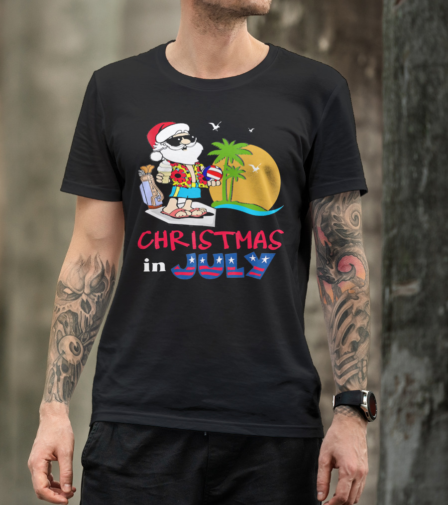 Christmas In July Funny Santa Summer Golf Sun And Palm Trees T-Shirt