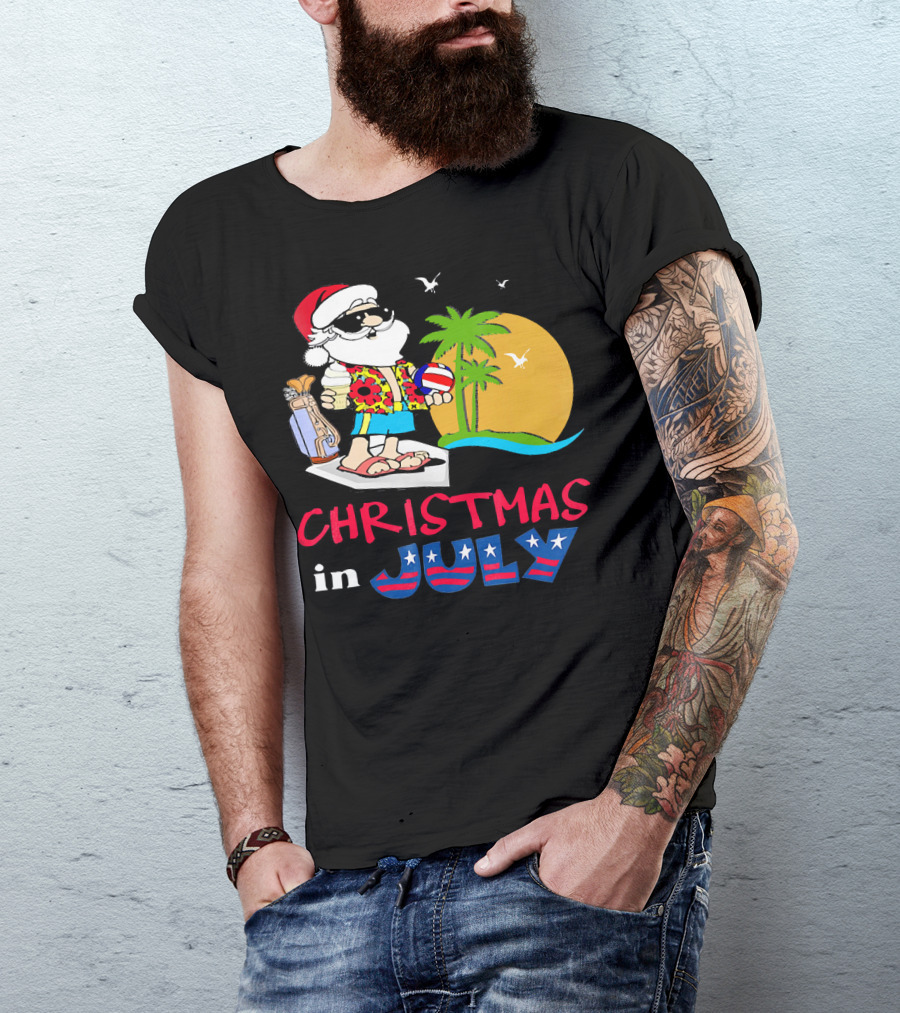 Christmas In July Funny Santa Summer Golf Sun And Palm Trees T-Shirt