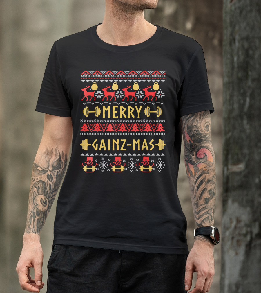 Merry Gainz Mas Fitness Christmas Kettlebells And Dumbbells Ugly T-Shirt