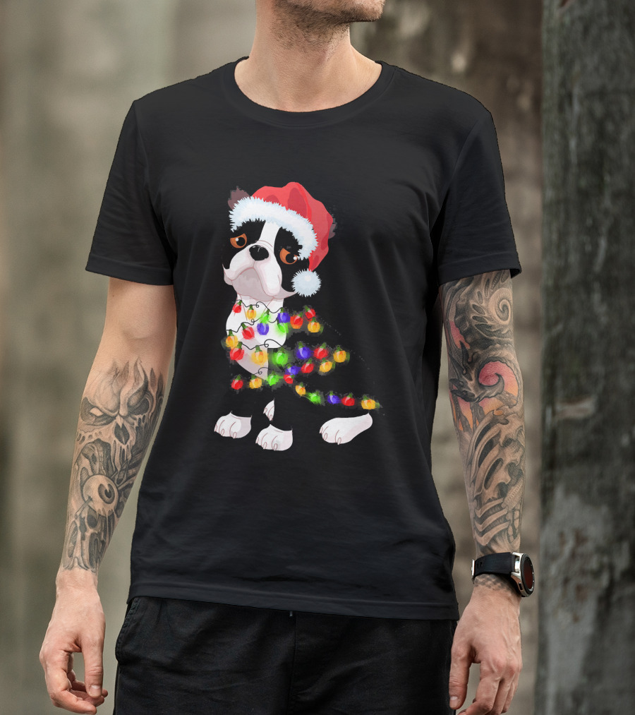 Boston Terrier Christmas Lights Santa Hat T-Shirt