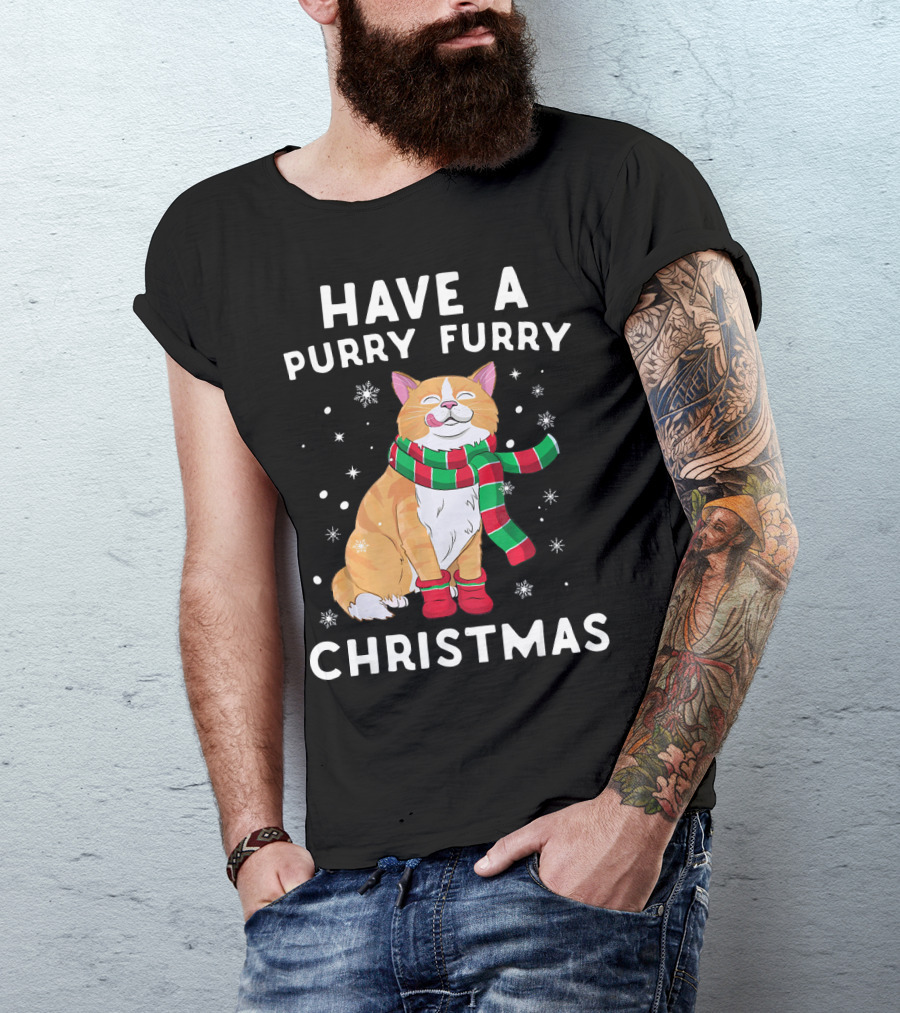 Have A Purry Furry Christmas Snowflakes And Cat With Scarf T-Shirt