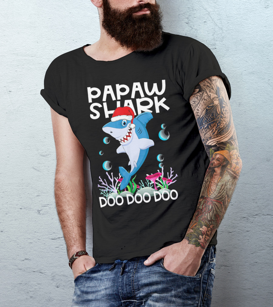 Papaw Shark Doo Doo Doo Santa Hat Coral Bubbles T-Shirt