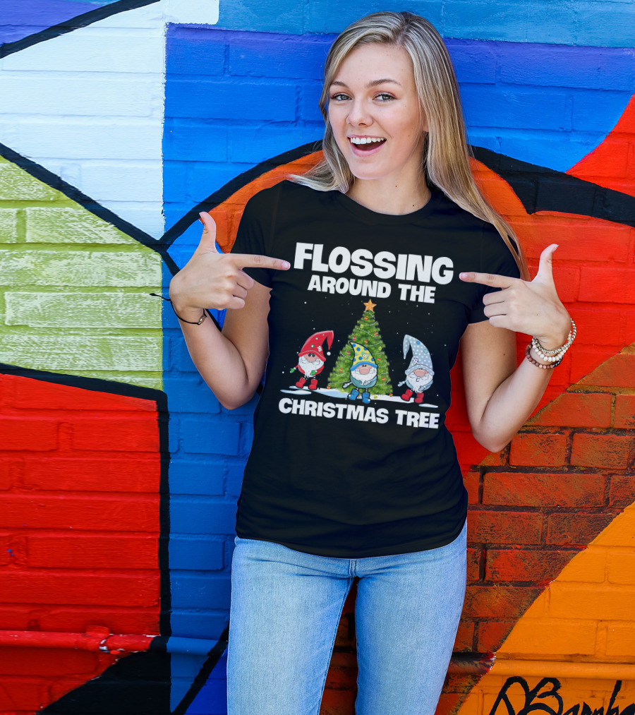 Flossing Around The Christmas Tree Gnomes And Lights Under Starry Sky T-Shirt