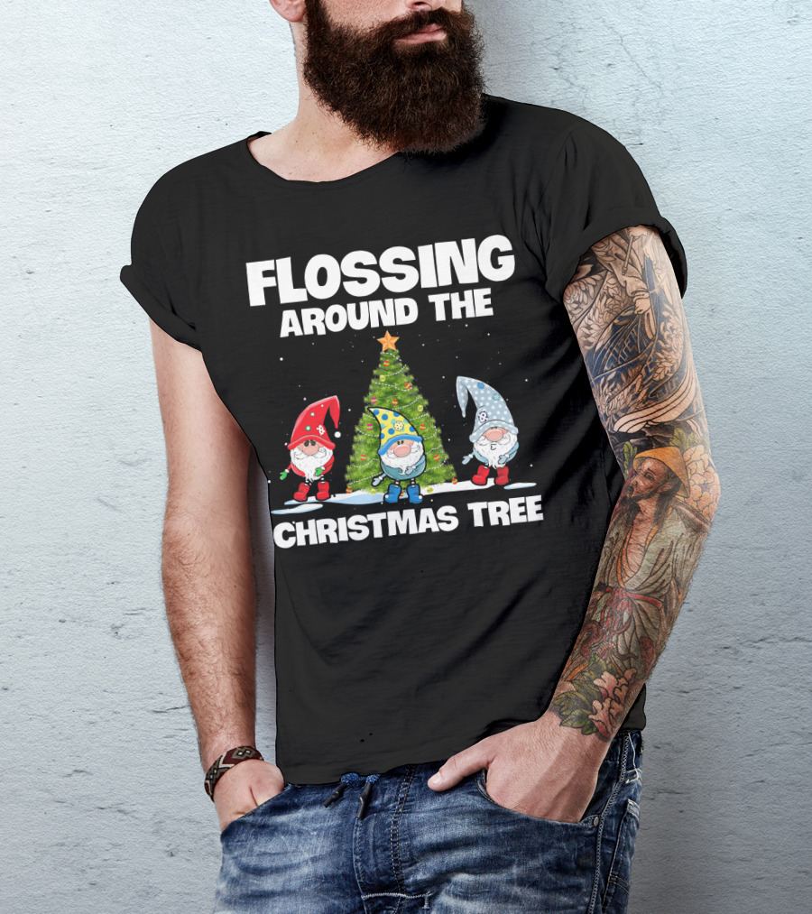 Flossing Around The Christmas Tree Gnomes And Lights Under Starry Sky T-Shirt