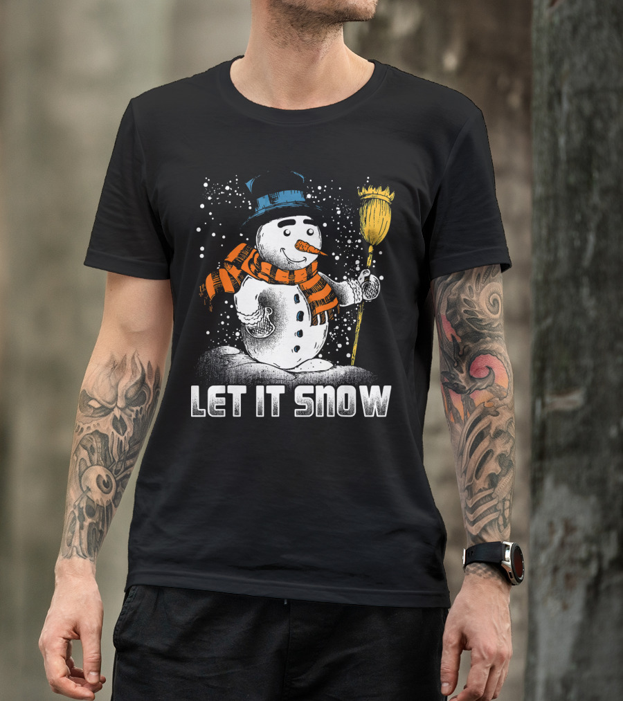 Let It Snow Snowman With Orange Scarf And Broom T-Shirt