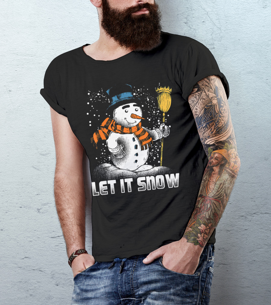 Let It Snow Snowman With Orange Scarf And Broom T-Shirt