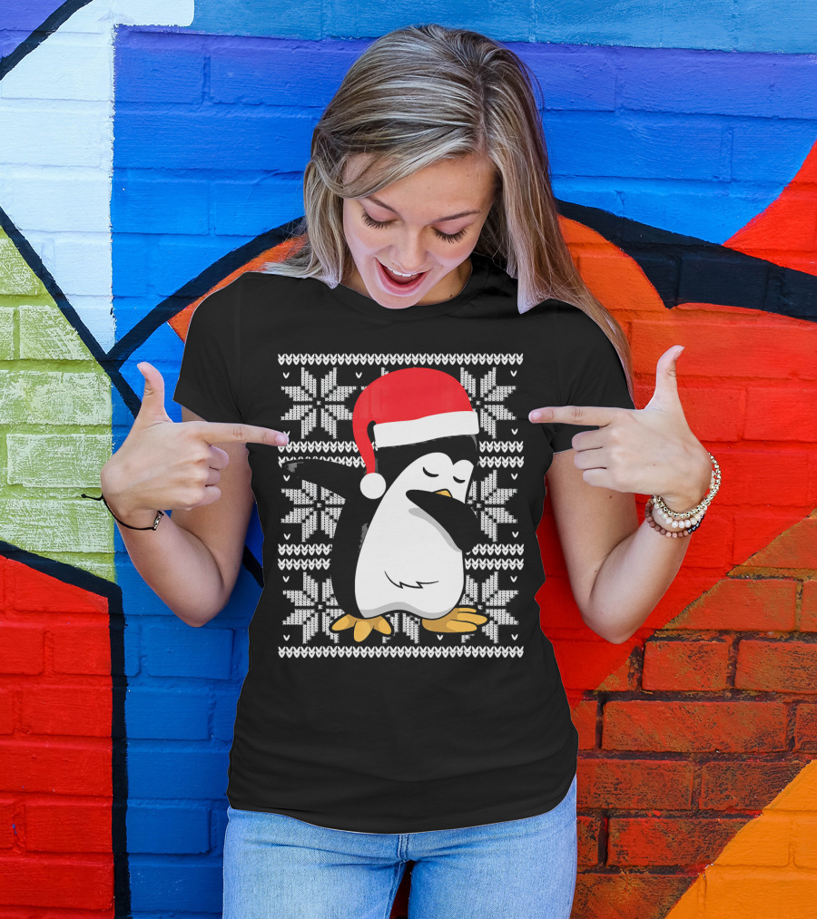 Ugly Christmas Dabbing Penguin Santa Hat Snowflake T-Shirt