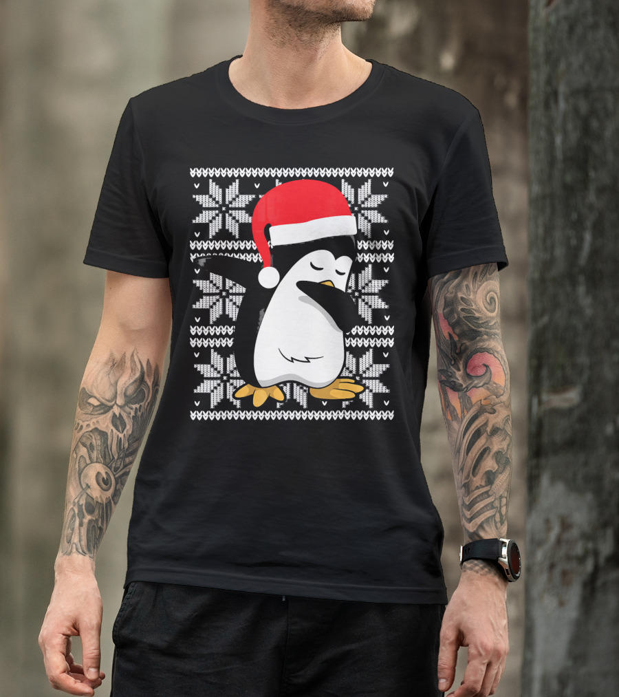 Ugly Christmas Dabbing Penguin Santa Hat Snowflake T-Shirt