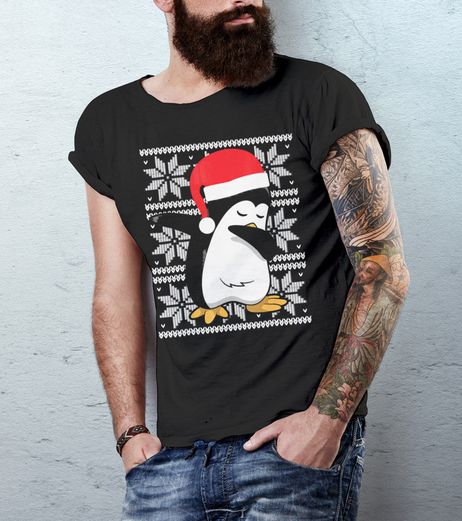 Ugly Christmas Dabbing Penguin Santa Hat Snowflake T-Shirt