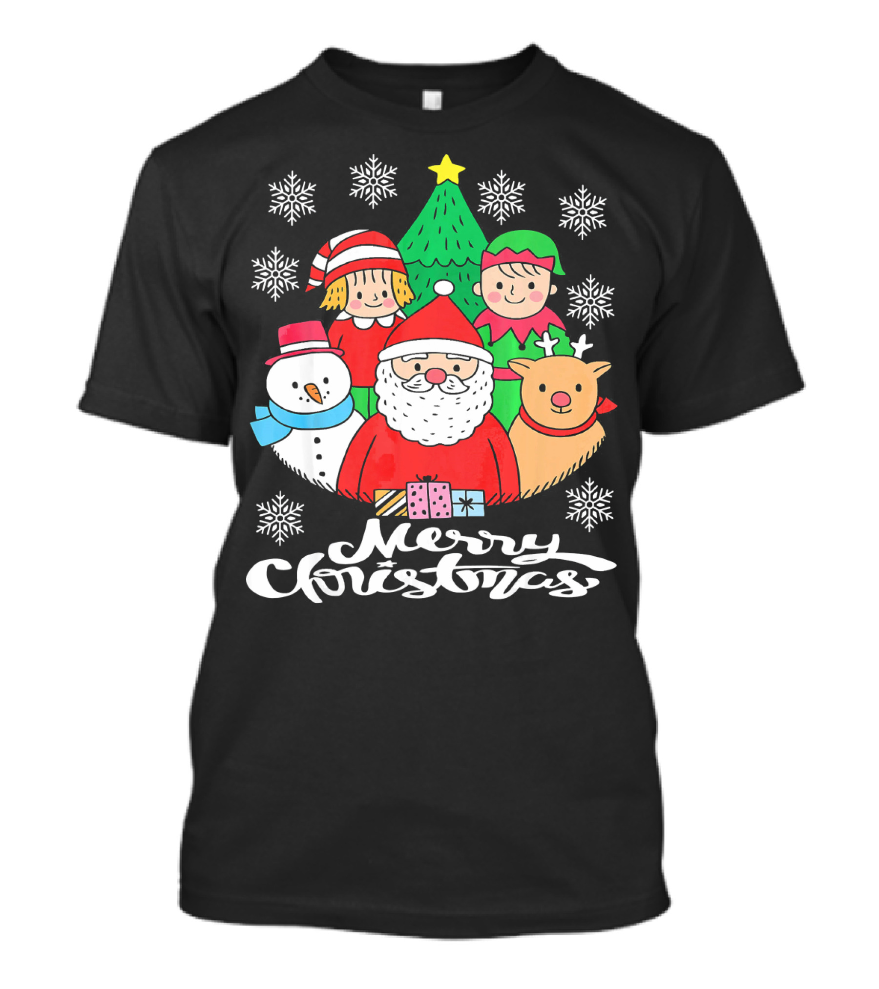 Merry Christmas Santa Claus Elf Snowman Reindeer Tree T-Shirt